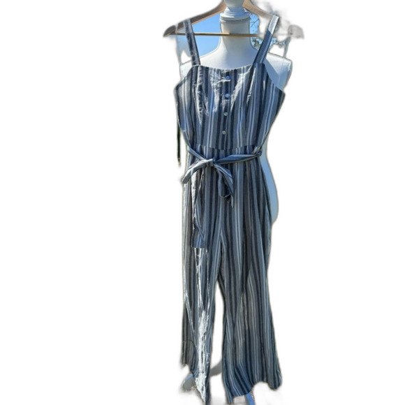 NWT Savanna Jane Jumpsuit Medium Gray White Stripe Coastal - Picture 1 of 10